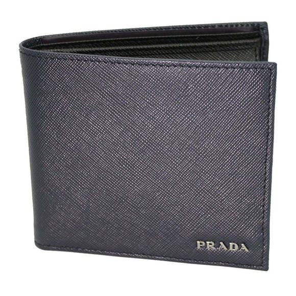Prada Navy Black Bicolor Saffiano Leather Logo Bifold - Picture 1 of 6